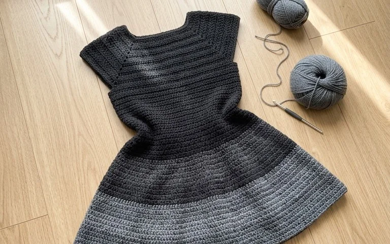 Easy Monochrome Black Flared Mini Dress Free Crochet Pattern